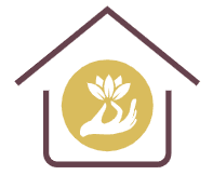 A brown and white logo of a house with hands holding a plant.